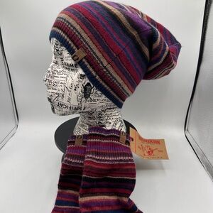 True Religion Knit Beanie & Fingerless Gloves Multicolored Striped Set